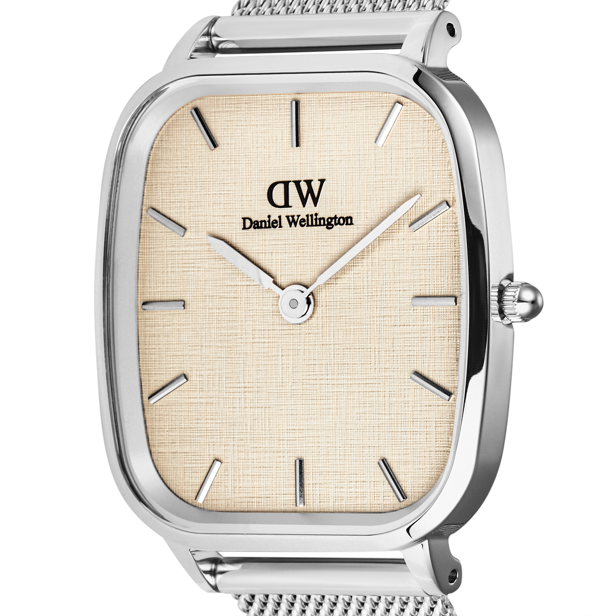 Close-up of the Marlon Sterling Linen watch showing the subtle yellow linen-textured dial, minimalist silver hour markers, and polished stainless steel cushion-shaped case.