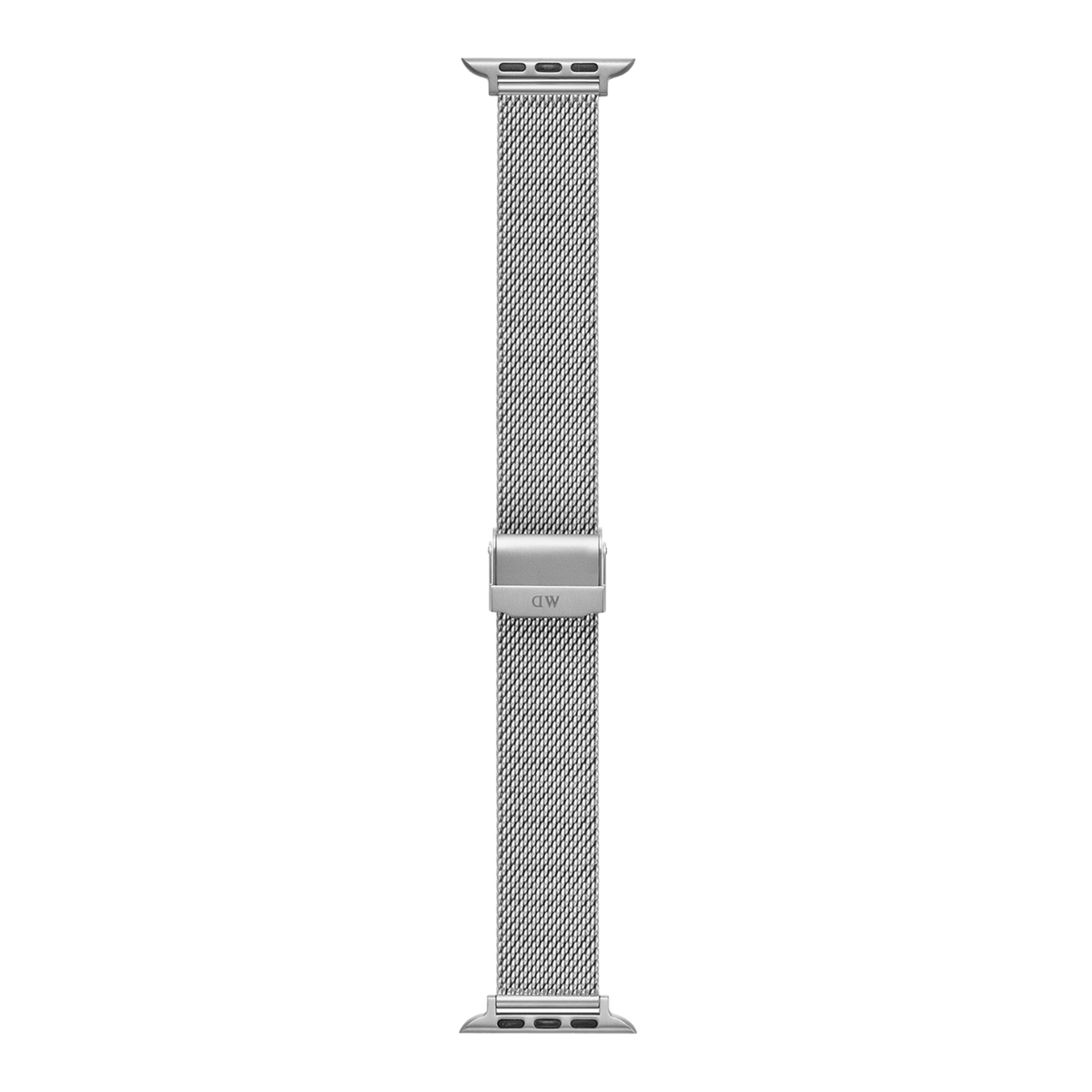 Smartwatch Strap Sandblasted Mesh Silver shown in full length, highlighting the sandblasted stainless steel mesh design and adjustable clasp for Apple Watch compatibility.