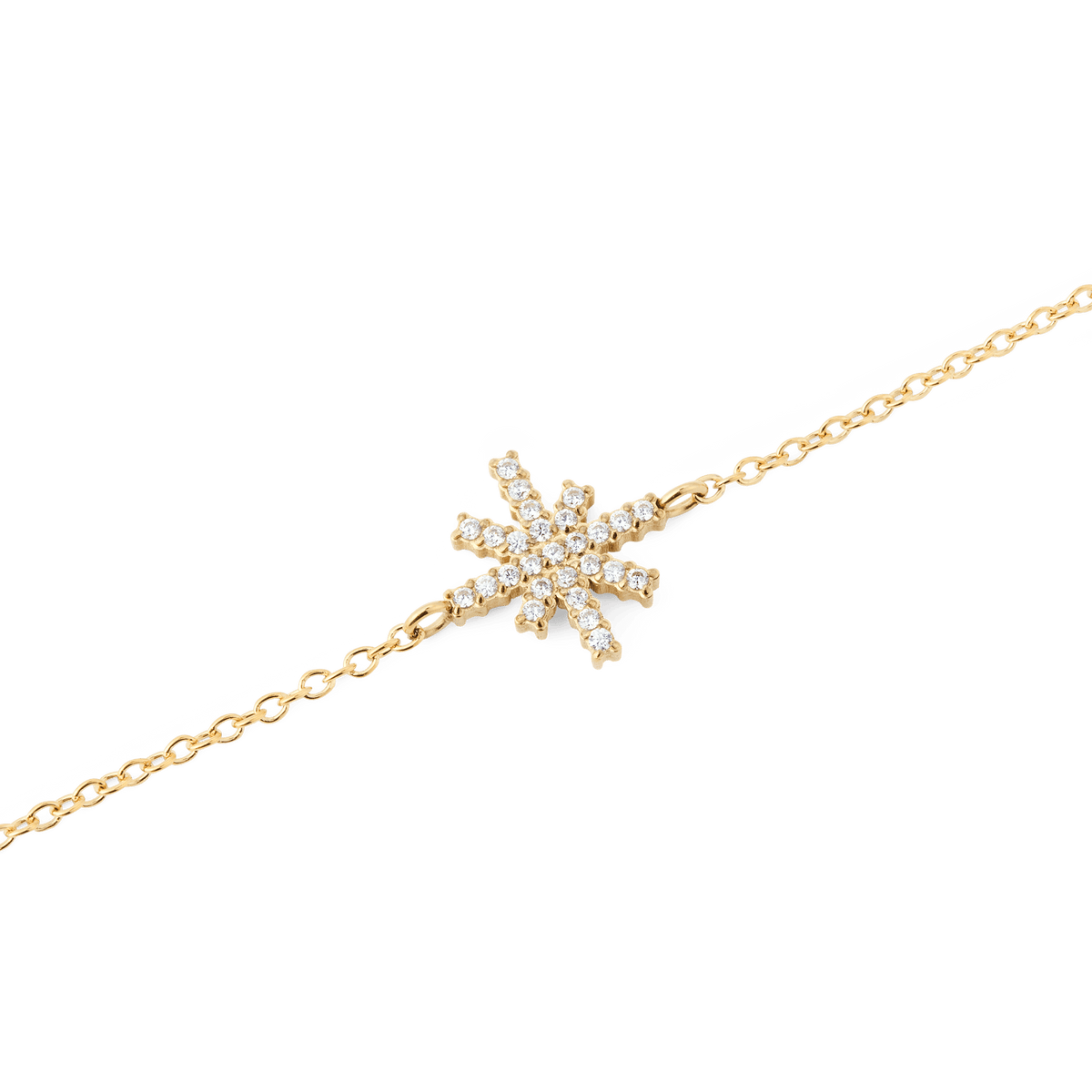 Close-up of the Mirelle Star Bracelet Gold showing a fine gold chain with a star-shaped charm set with sparkling white cubic zirconia stones, highlighting its delicate and modern design.
