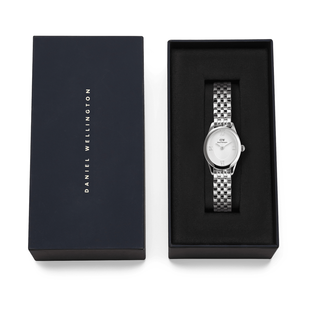Ophelia Mini Silver watch with a polished oval case and 5-link bracelet, presented in a black Daniel Wellington gift box, ideal for gifting or adding to your collection.