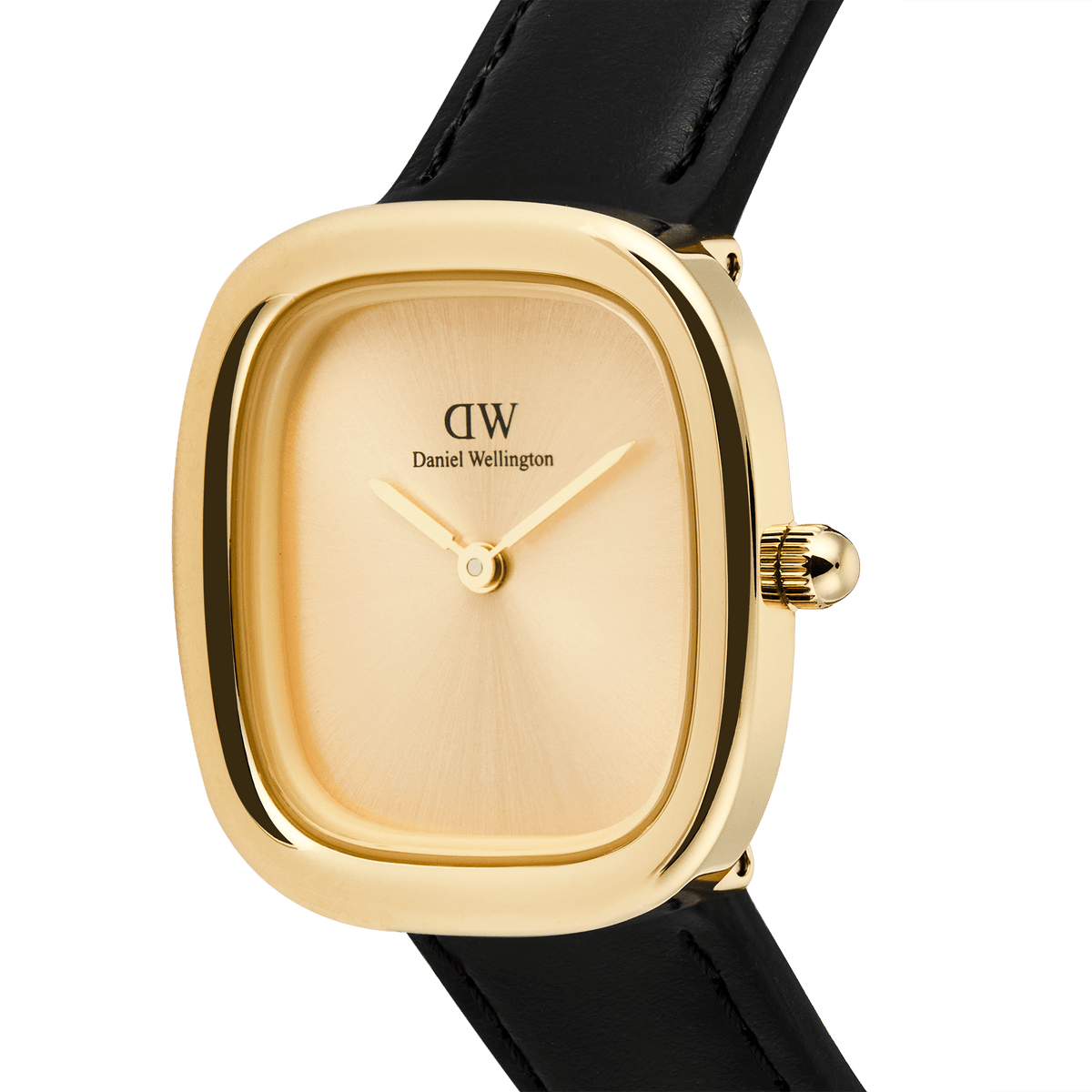 Close-up of the Margot Sheffield Unitone Sunray Gold ladies watch, showing its rectangular gold case, minimalist gold dial, and black genuine leather strap.