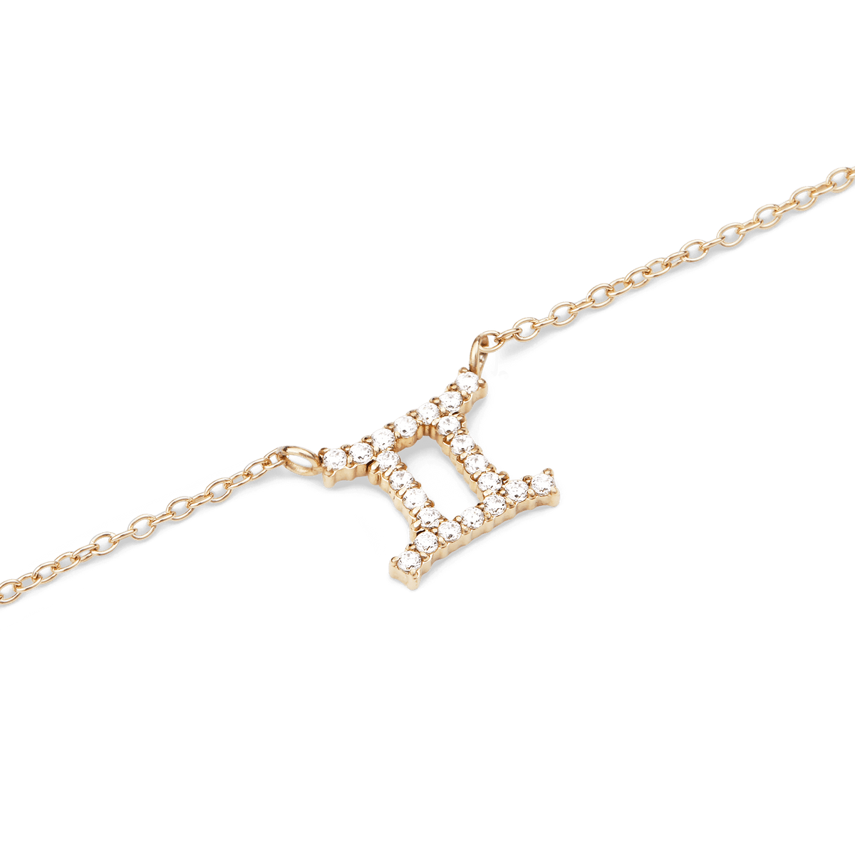 Gold chain necklace with a Gemini zodiac pendant, set with sparkling hand-placed crystals for a polished and personal finish.