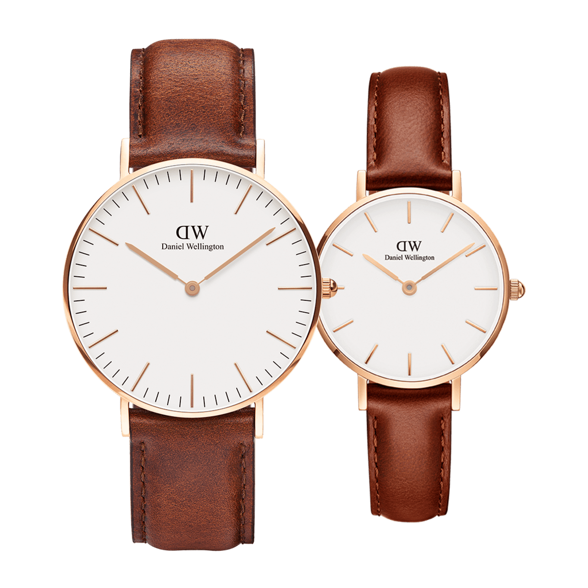 Classic & Petite St Mawes Rose Gold set featuring two Daniel Wellington ladies watches with warm brown leather straps, rose gold cases, and minimalist white dials, shown side by side to highlight the difference in case sizes.