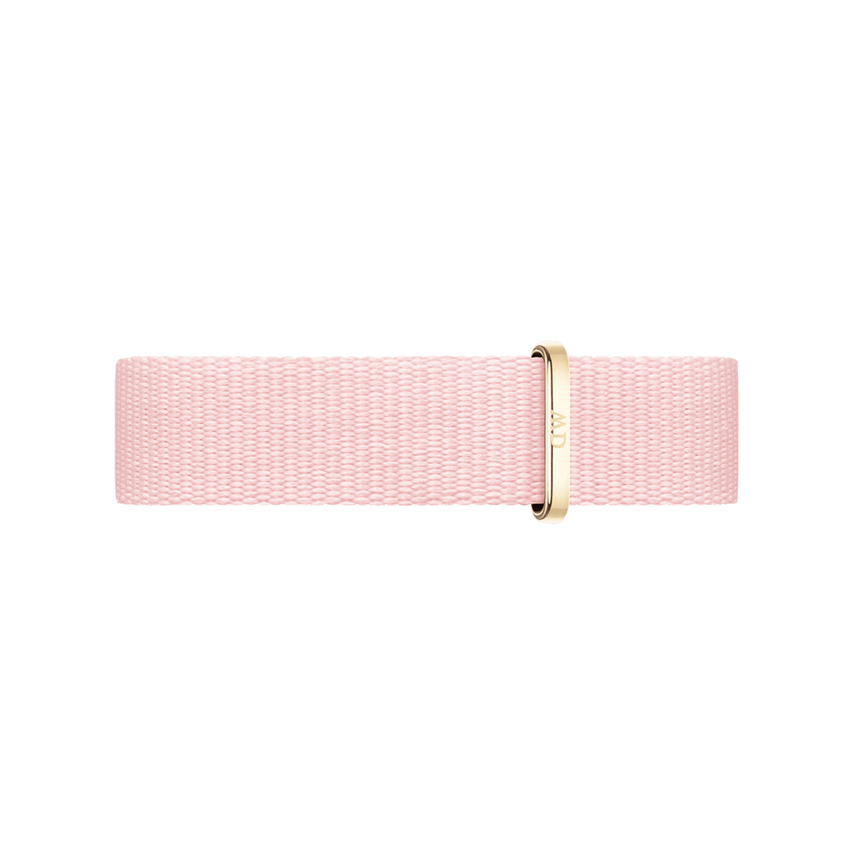 Rosewater Strap Gold showcases a slim pastel pink NATO watch strap made from recycled polyester, finished with a gold buckle for a modern and elegant look.