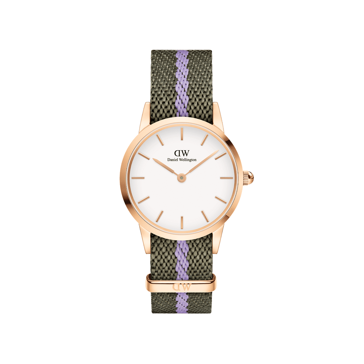 Petite ladies watch with a rose gold case, minimalist white dial, and a green and purple NATO strap, designed for everyday comfort and style. The adjustable recycled nylon strap and refined rose gold details make it a versatile accessory for casual or work outfits.