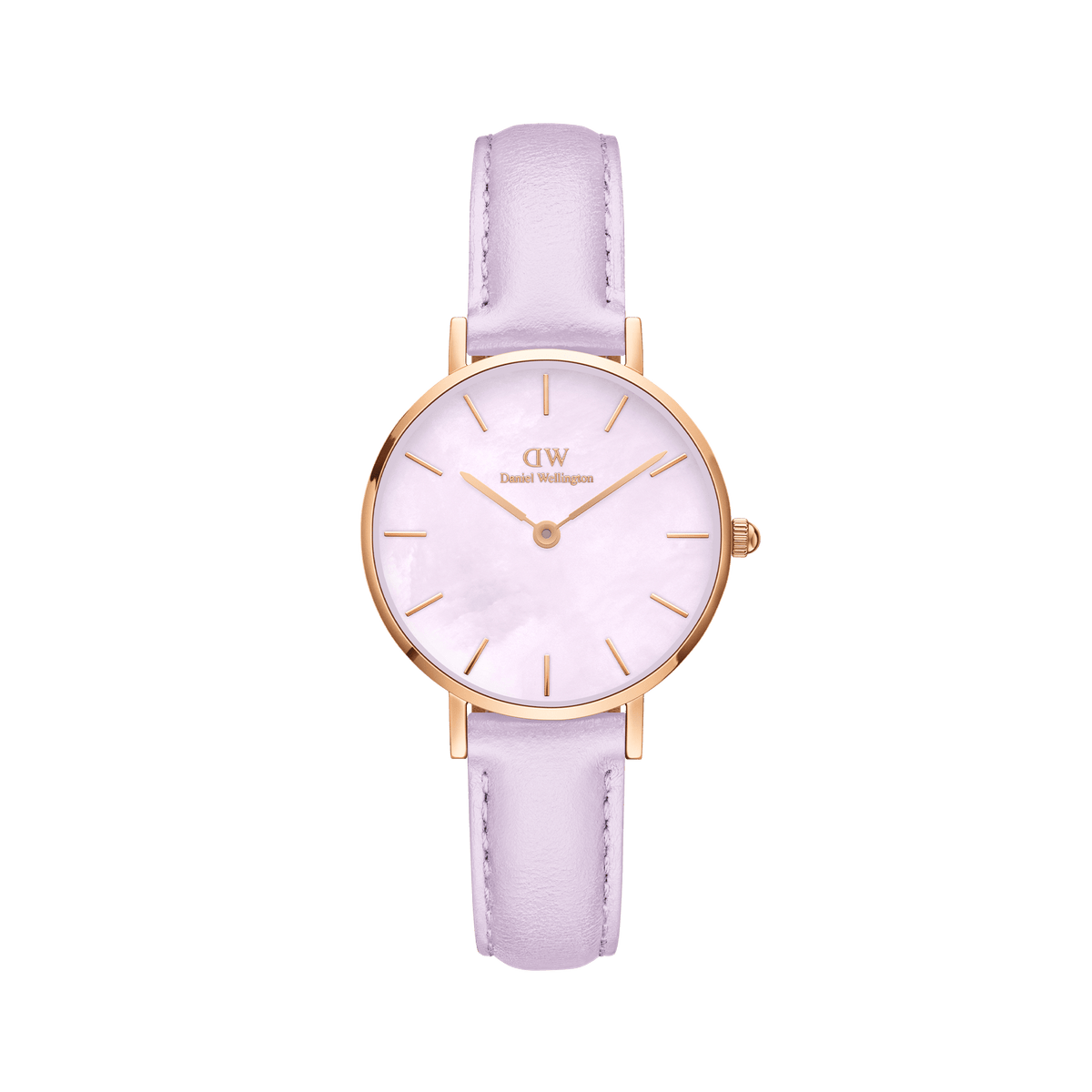 Petite Lavender Rose Gold ladies watch with a slim rose gold case, soft lavender leather strap, and a shimmering mother of pearl dial, showcasing minimalist detailing and a petite 28mm design.