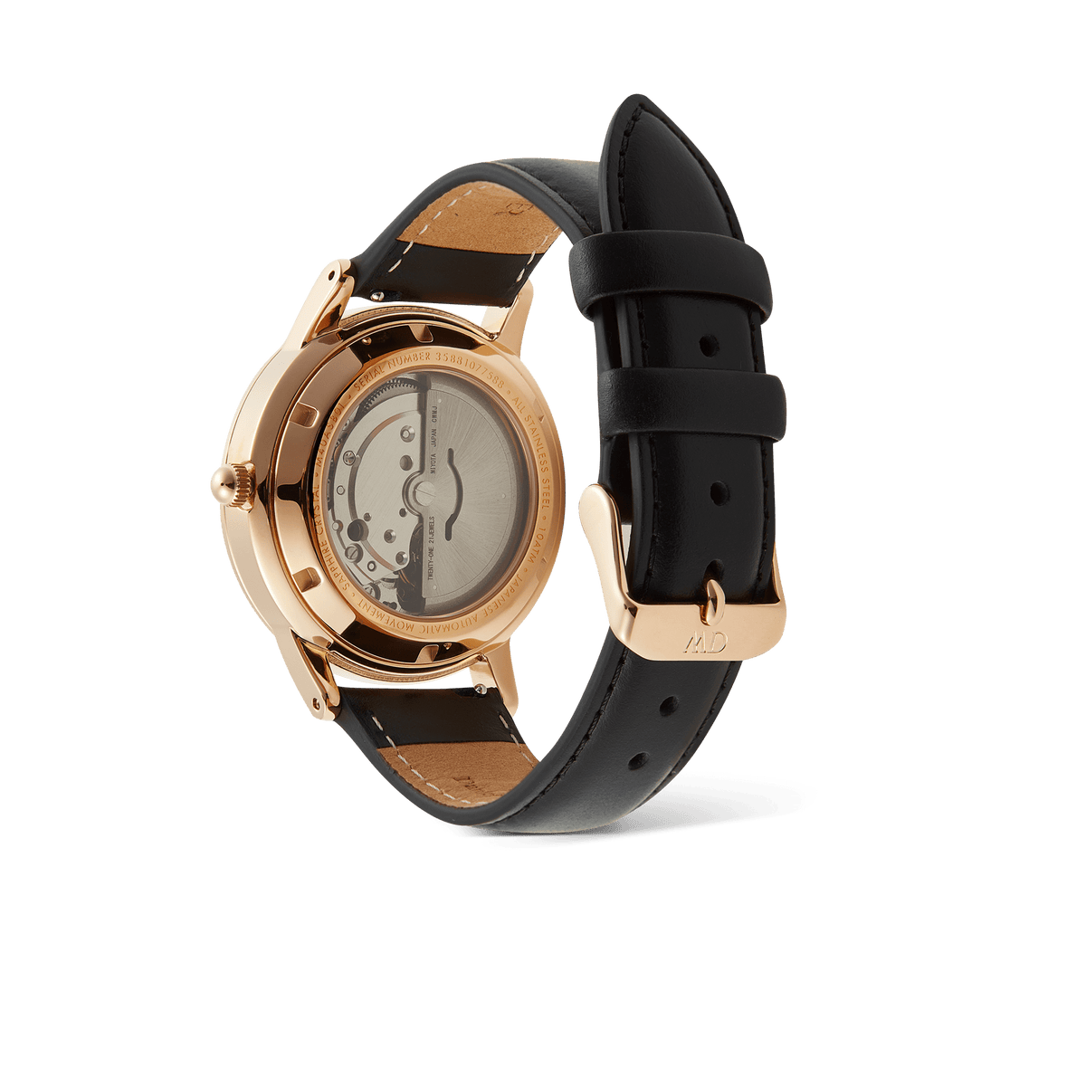 Rear view of the Daniel Wellington Iconic Sheffield Automatic Rose Gold watch, showing the exhibition case back with visible Japanese automatic movement and genuine black leather strap.