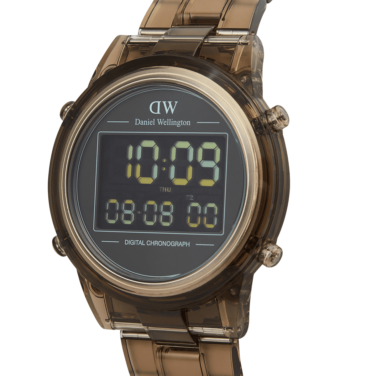 Close-up of the Daniel Wellington Retro Digital Dark Brown Dark Brown watch, highlighting its transparent dark brown link strap, round case, and clear digital chronograph display with dual time functionality.