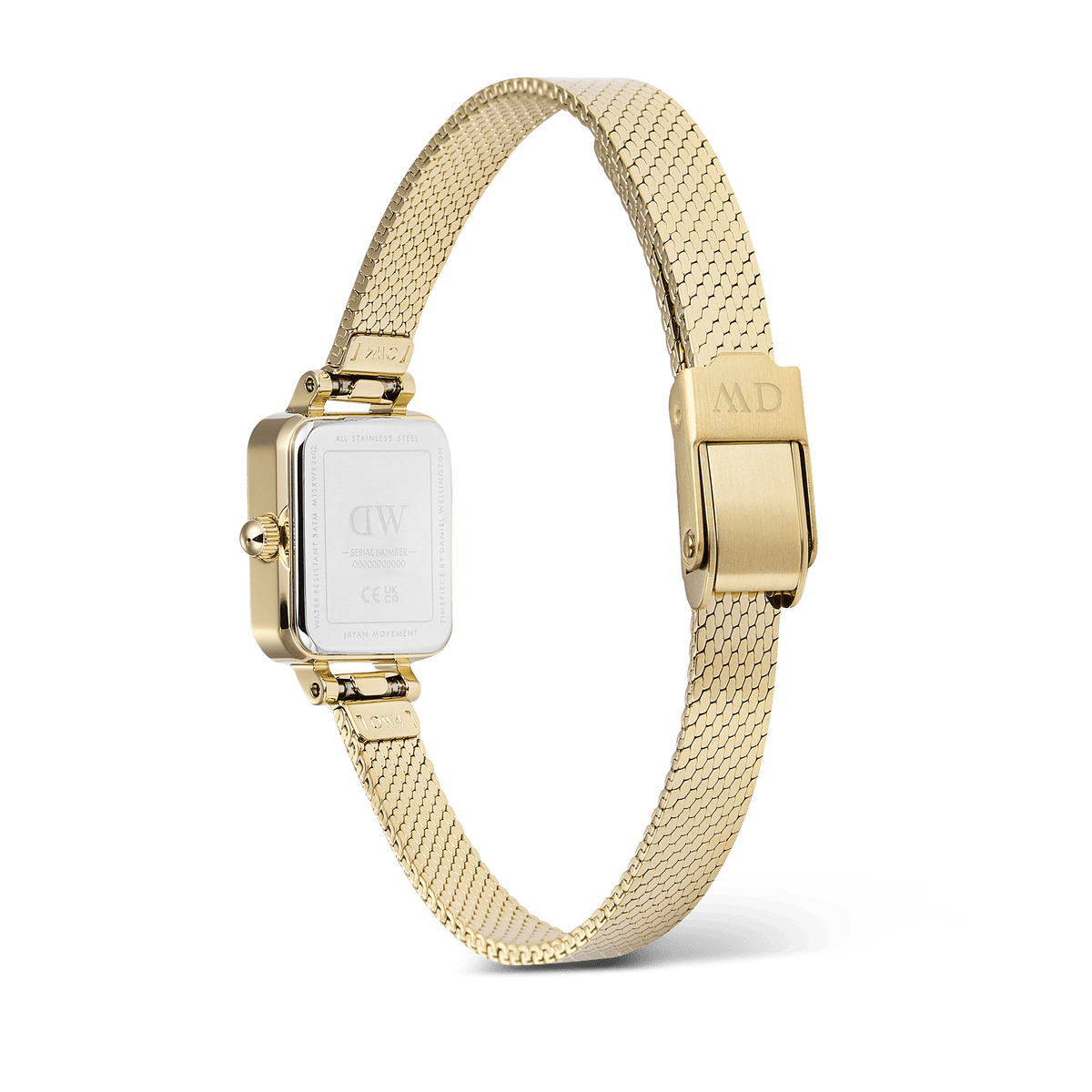 Quadro Mini Reflection Gold displays its stainless steel case back and adjustable gold mesh strap with a secure clasp, highlighting the durable construction and elegant finish.