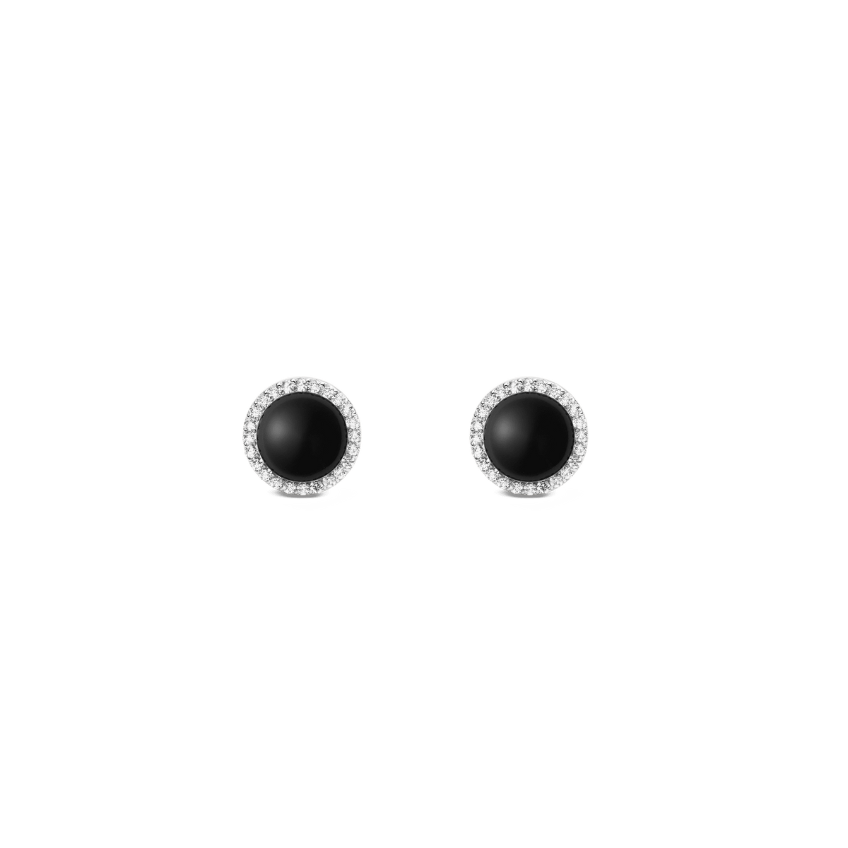 A pair of Audrey Earrings Black Agathe Silver featuring round black agate stones at the centre, surrounded by a halo of sparkling white cubic zirconia, set in polished silver with a minimalist stud design.