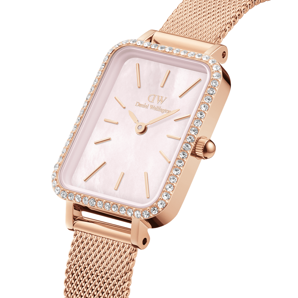 Quadro Lumine Bezel Melrose Pink MOP rose gold watch for women with a rectangular case, pink mother of pearl dial, sparkling gemstone bezel, and a slim mesh strap.