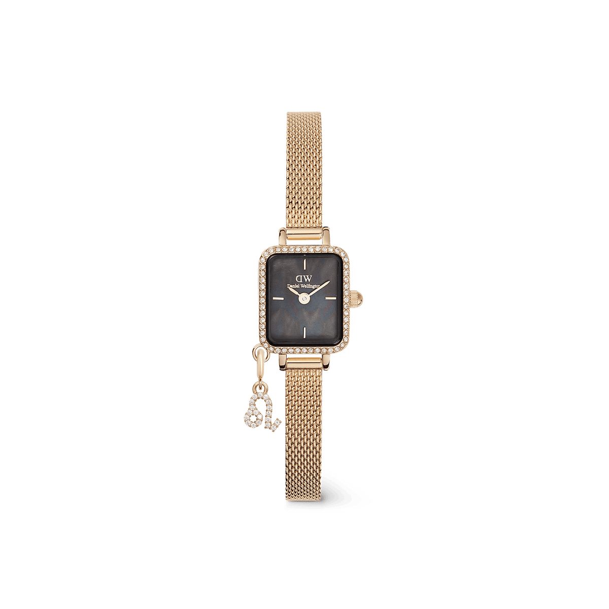 Elegant Daniel Wellington Quadro Mini Crystal Zodiac Evergold Set featuring a rectangular gold case with crystal detailing, a black mother of pearl dial, and an adjustable gold mesh strap with a crystal zodiac charm.