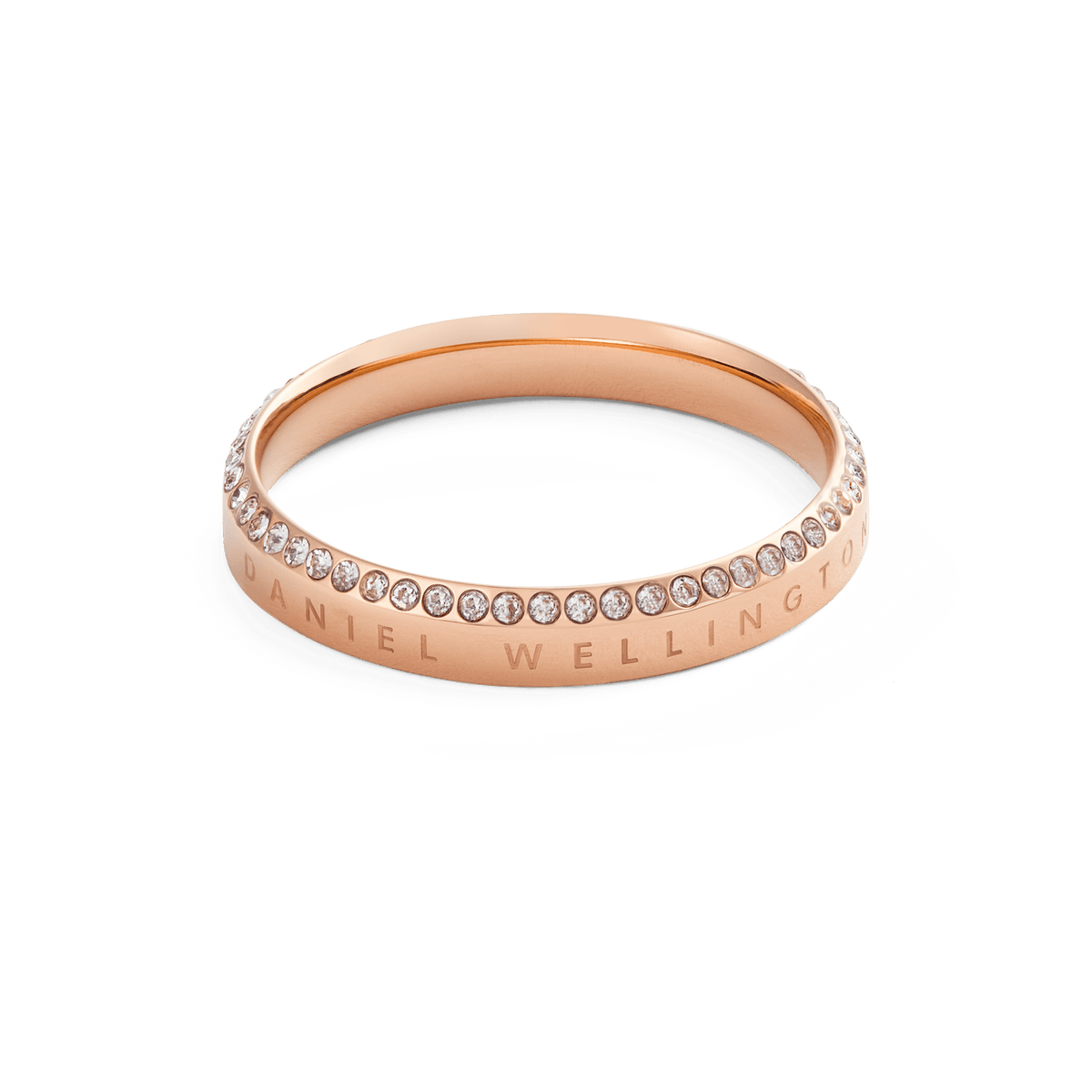 Classic Aura Ring Rose Gold with a slim rose gold band, featuring a row of white crystals along the chamfered edge and subtle engraved branding for a modern, elegant touch.