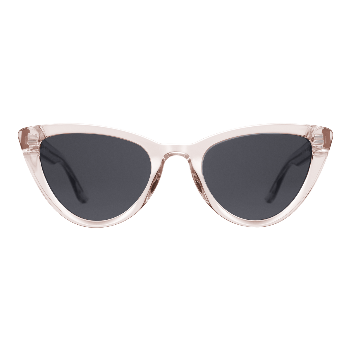 Lynx Bio-Acetate Clear Pink/Black cat eye sunglasses with a transparent pink bio-acetate frame and dark black nylon lenses, offering UV400 protection and a modern, stylish look for women.