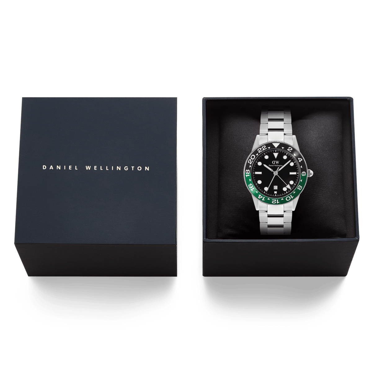 Daniel Wellington Iconic GMT Link Black Green Ceramic Bezel Silver watch presented in its branded gift box, showing the black dial, green and black ceramic bezel, and silver stainless steel bracelet.