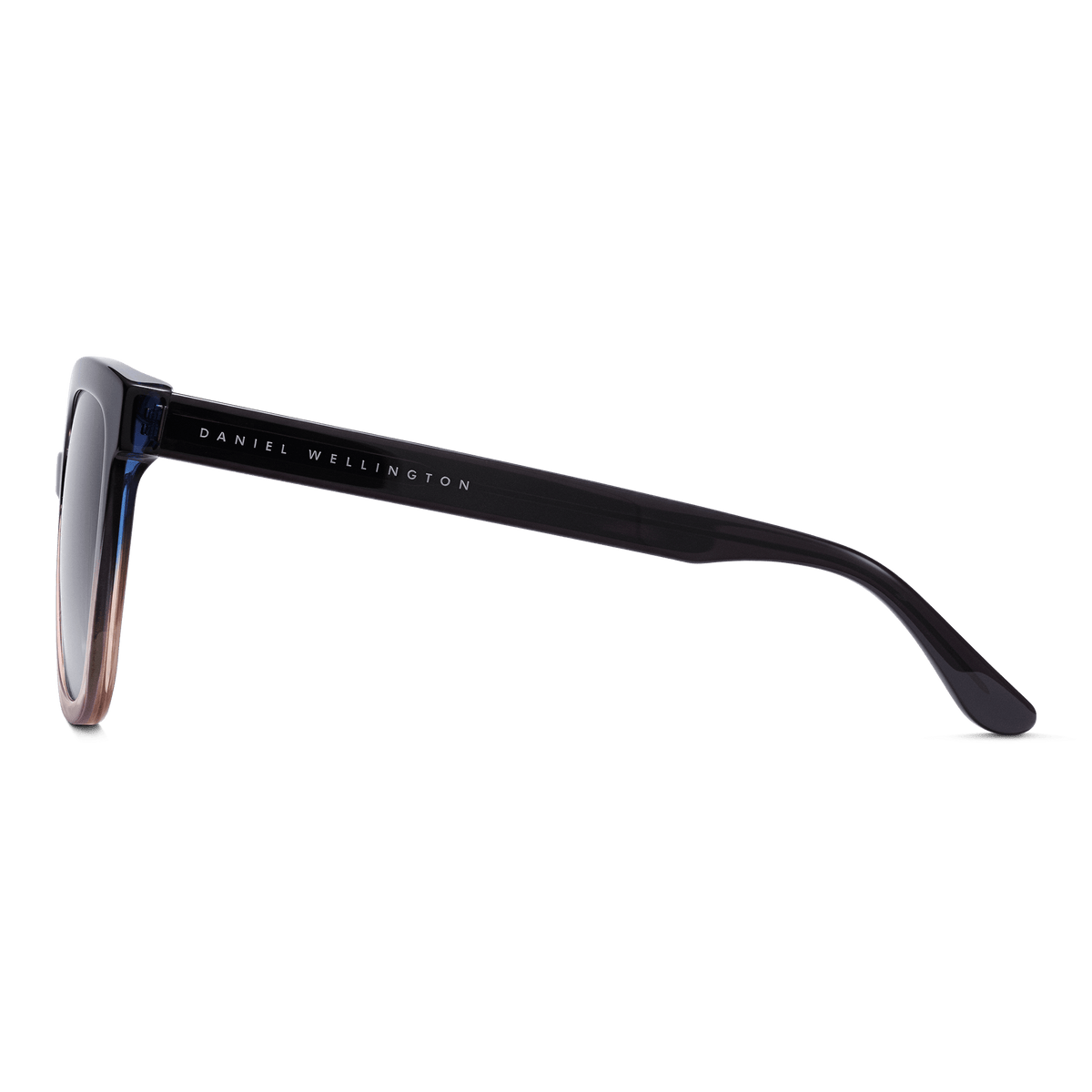 Side view of the Grande Bio-Acetate Blue Coral Blue sunglasses by Daniel Wellington, showing the sleek dark blue acetate arm with branded detailing and the gradient frame.