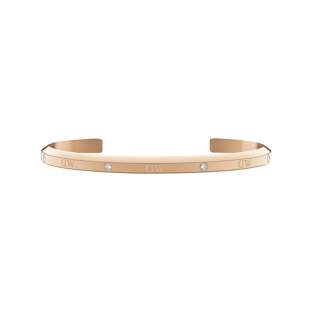 Slim rose gold cuff bracelet featuring six sparkling crystals and a minimalist design, crafted for women and suitable for stacking or pairing with other jewellery.