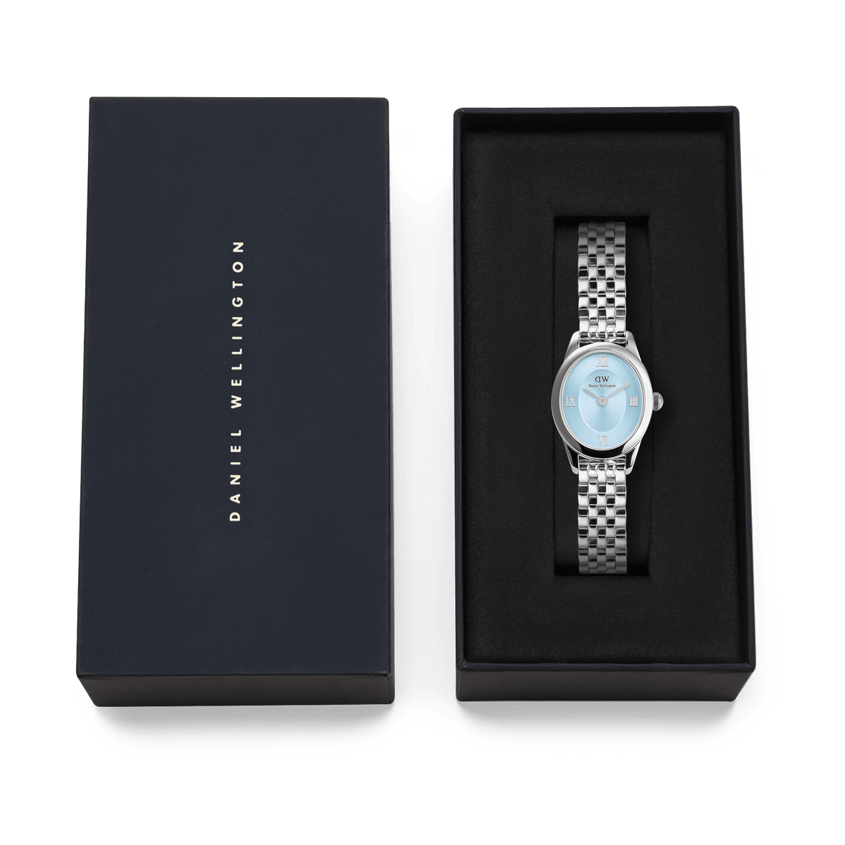 Ophelia Mini Ice Blue Silver watch with a polished stainless steel bracelet and ice blue dial, presented in a black Daniel Wellington gift box, ideal for gifting or special occasions.