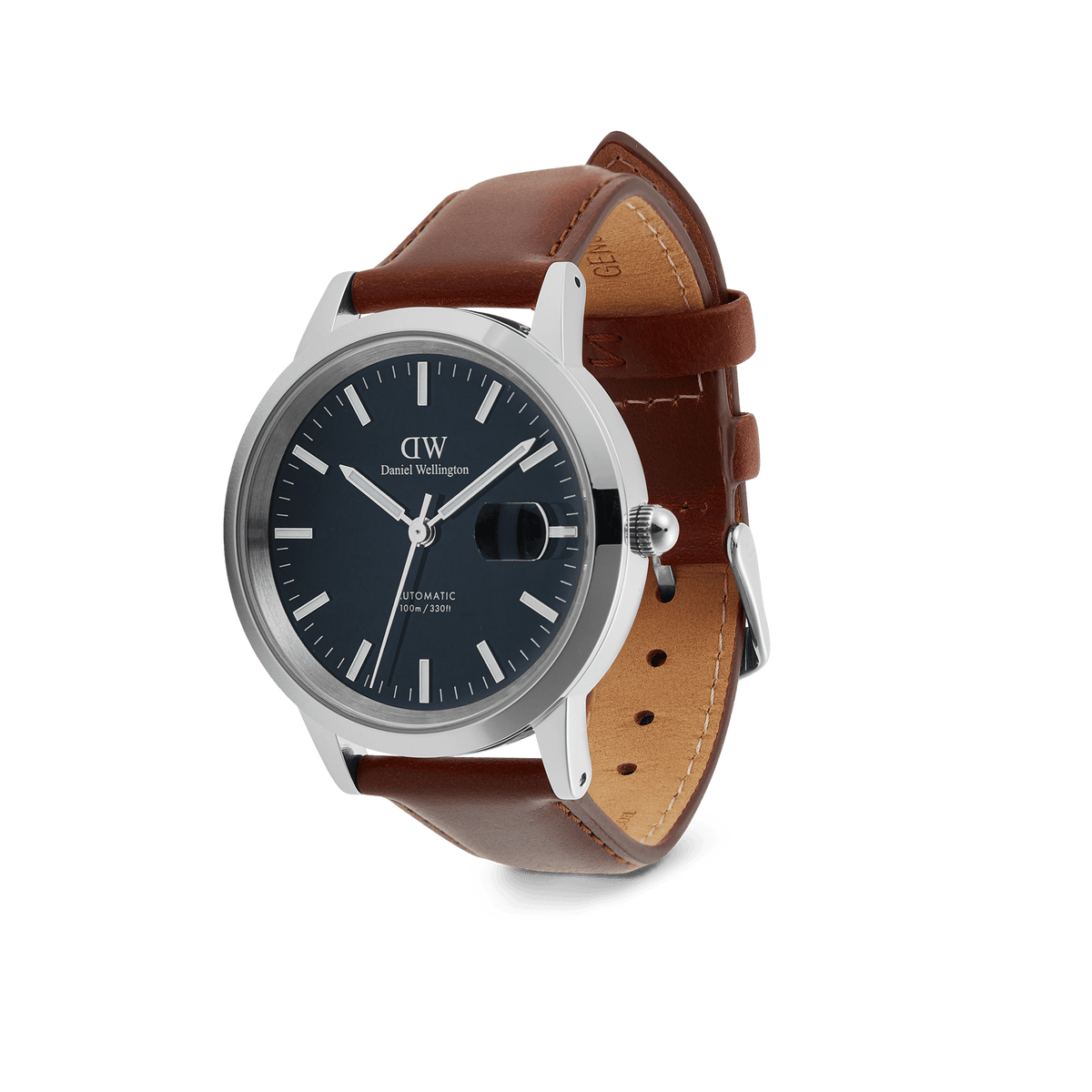 Iconic St Mawes Automatic Silver men’s watch with a polished silver case, arctic blue enamel dial, glow-in-the-dark markers, and a brown Italian leather strap with visible stitching.