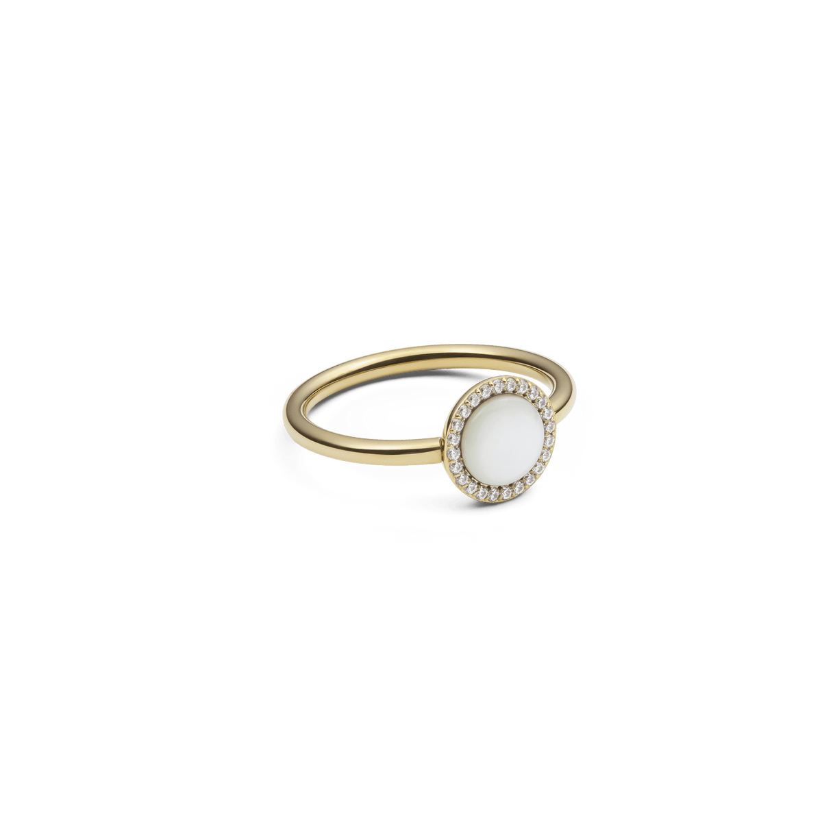 The Audrey Ring Mother of Pearl Gold features a slim gold band with a domed mother of pearl centre, encircled by a halo of sparkling white cubic zirconia for an elegant, timeless look.