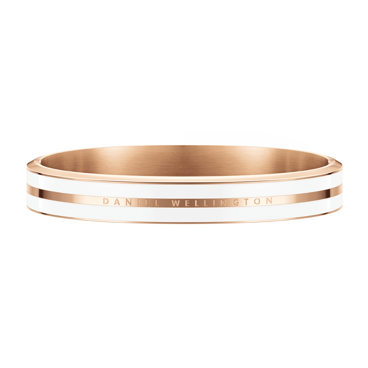 Emalie Infinite Rose Gold Satin White bracelet with a wide band, featuring polished rose gold and white enamel, and a subtle engraved logo for a contemporary, elegant style.