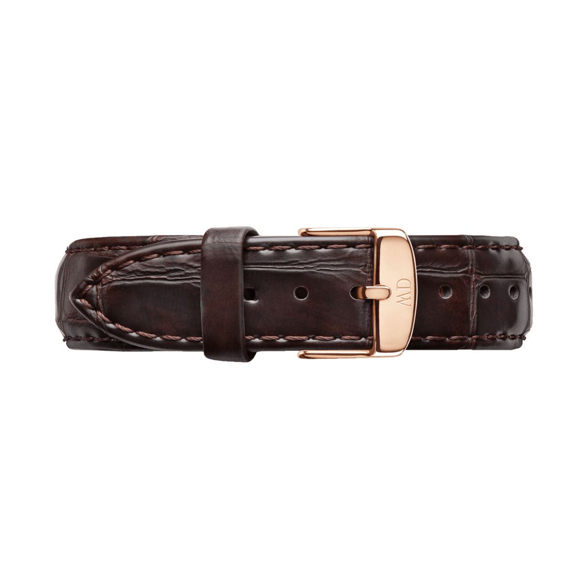 York Strap Rose Gold features a rich brown croc embossed genuine leather strap with a polished rose gold buckle, detailed stitching, and multiple adjustment holes for a secure, comfortable fit.