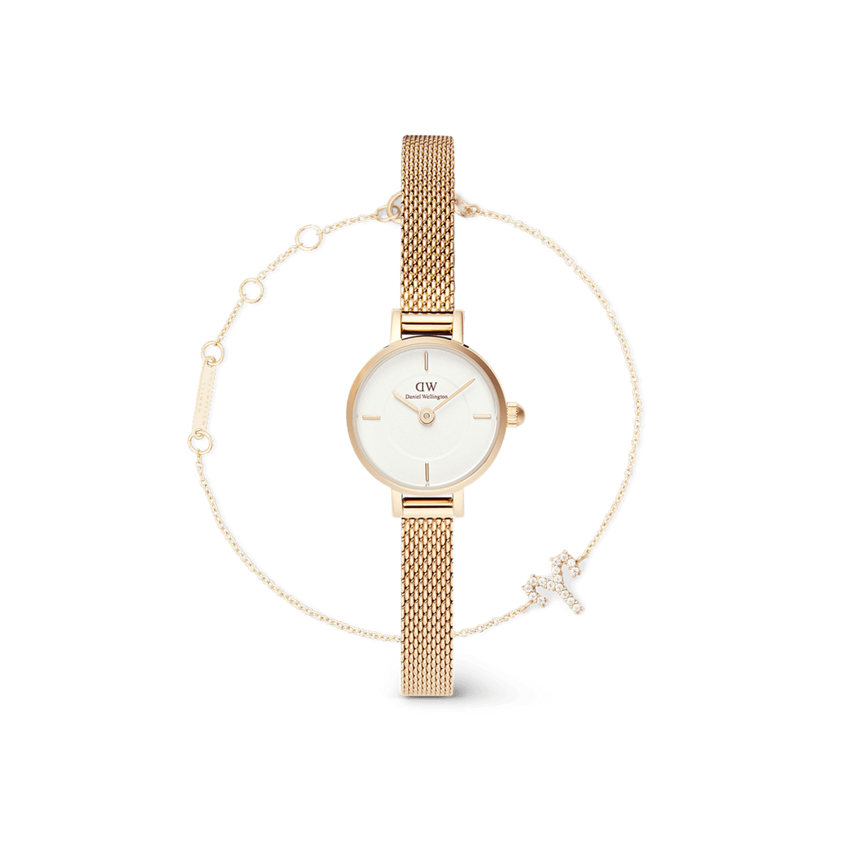 Petite Mini & Zodiac Bracelet Gold Set featuring a petite gold mesh strap watch with a white dial and a delicate gold chain bracelet adorned with a crystal zodiac charm, styled for elegant everyday wear.