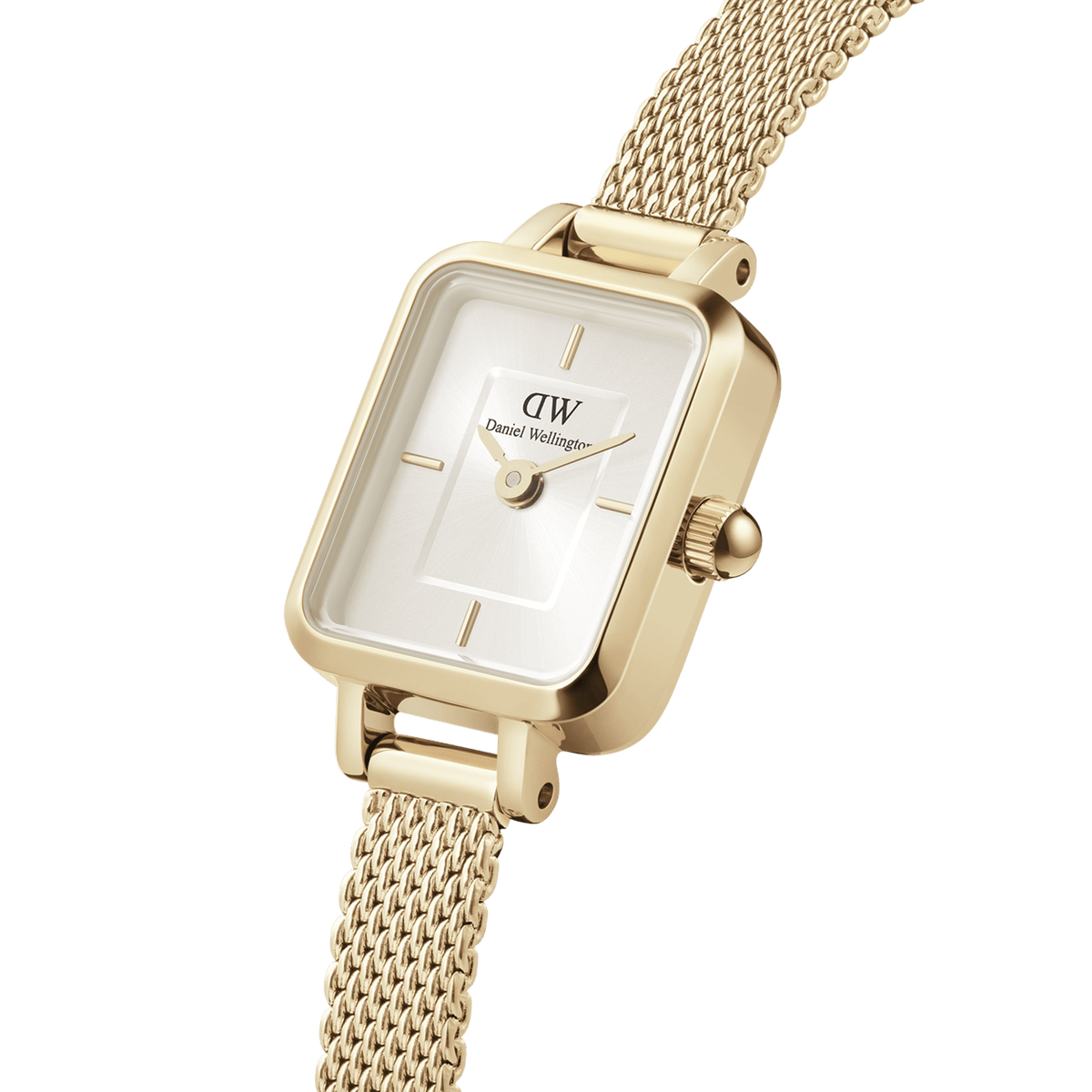 Quadro Mini Evergold Champagne gold watch featuring a slim rectangular case, champagne sunray dial, and a finely woven gold mesh strap, designed for women who prefer a minimalist and elegant accessory.