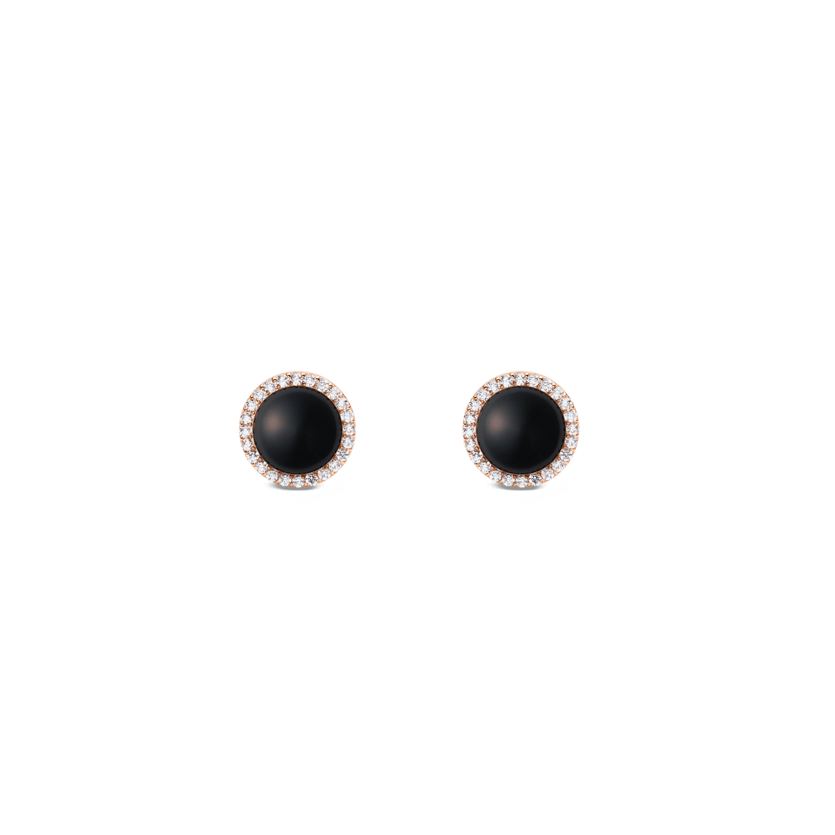 Audrey Earrings Black Agathe Rose Gold feature round black agate stones set in rose gold, each surrounded by a halo of sparkling white cubic zirconia for a refined, modern look.