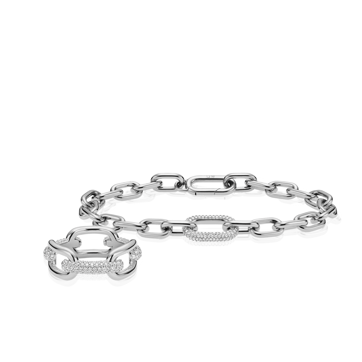 Crystal Link Bracelet & Ring Silver Set featuring chunky silver chain links and pavé crystal-encrusted accents, displayed against a plain background to highlight the sculptural design and sparkling details.