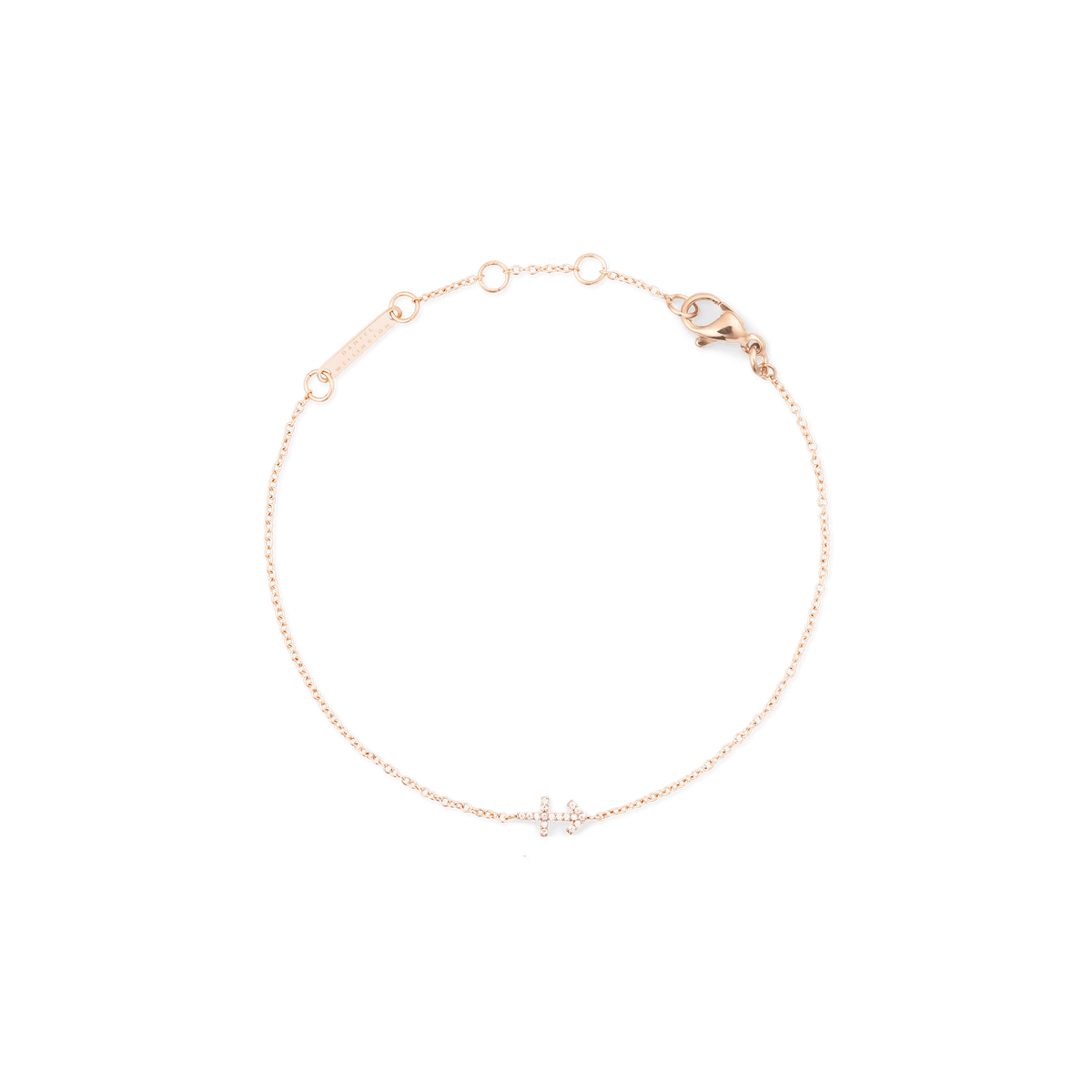 Crystal Zodiac Chain Bracelet Rose Gold with a fine rose gold chain, adjustable sizing rings, and a sparkling crystal Sagittarius zodiac pendant.