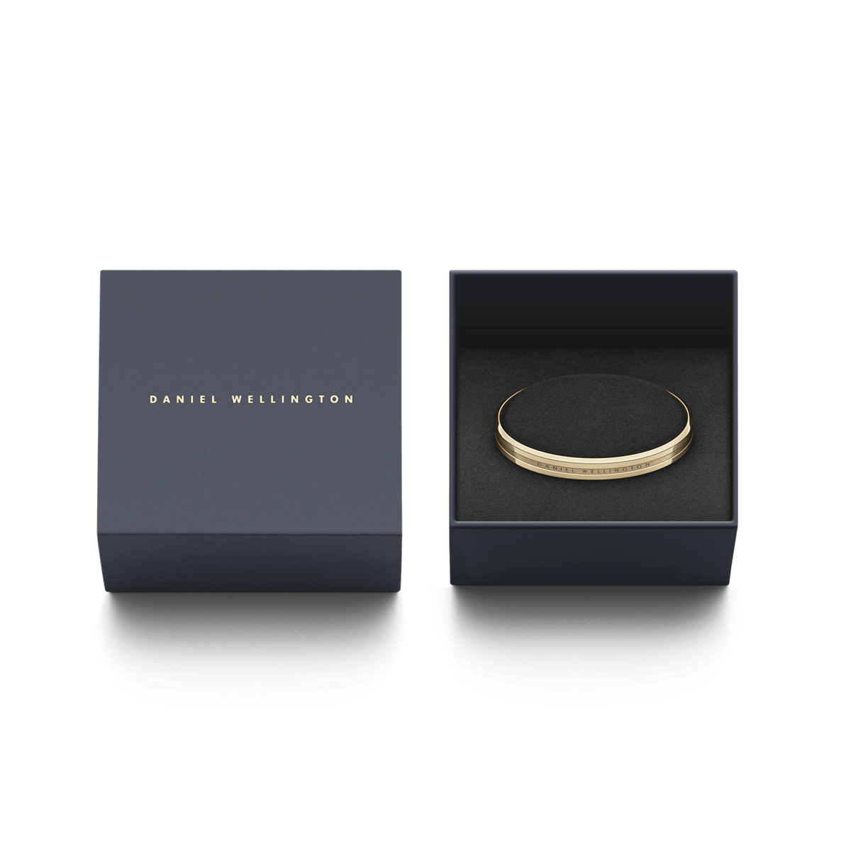 Elan Bracelet Gold presented in a sleek Daniel Wellington gift box, highlighting its polished gold finish and engraved branding, ideal for gifting or special occasions.