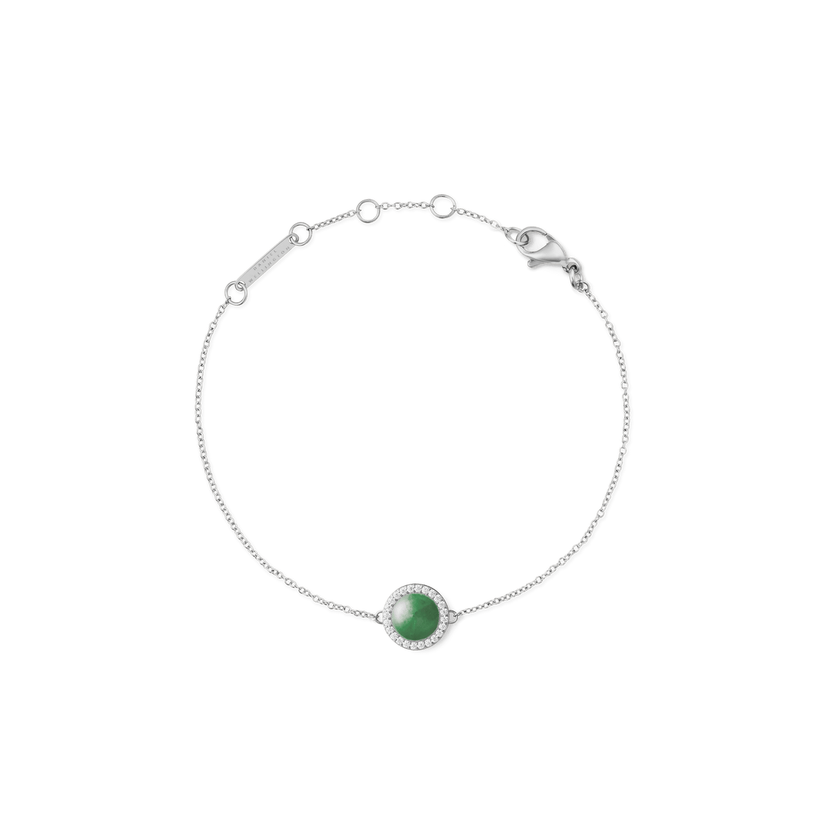 Slim silver bracelet with an adjustable chain, featuring a round green jade centrepiece surrounded by a halo of white cubic zirconia, and finished with a secure lobster clasp.