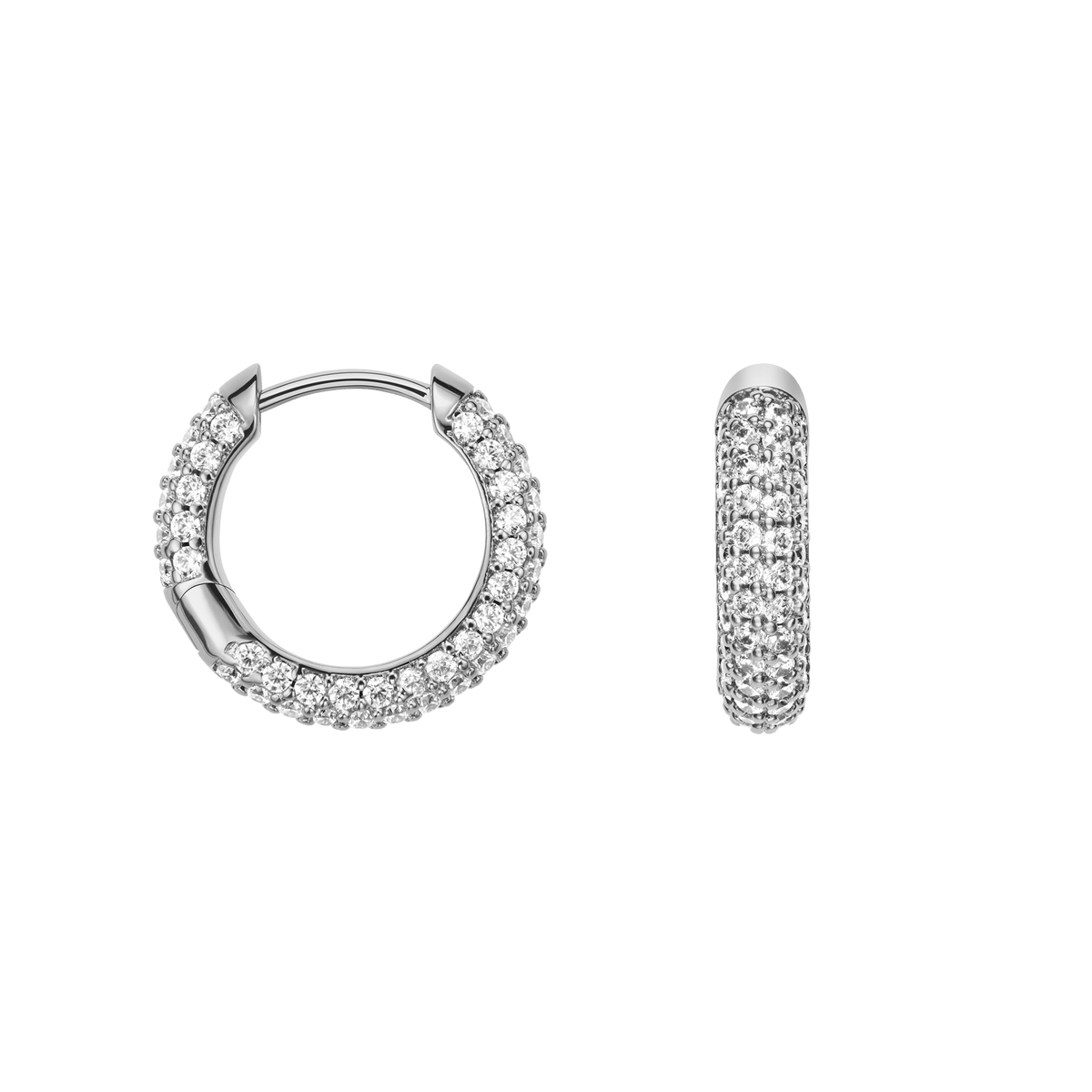 Pair of Pavé Crystal Earrings Silver shown from front and side, highlighting the classic hoop design and pavé setting of sparkling cubic zirconia crystals on rhodium plated brass.