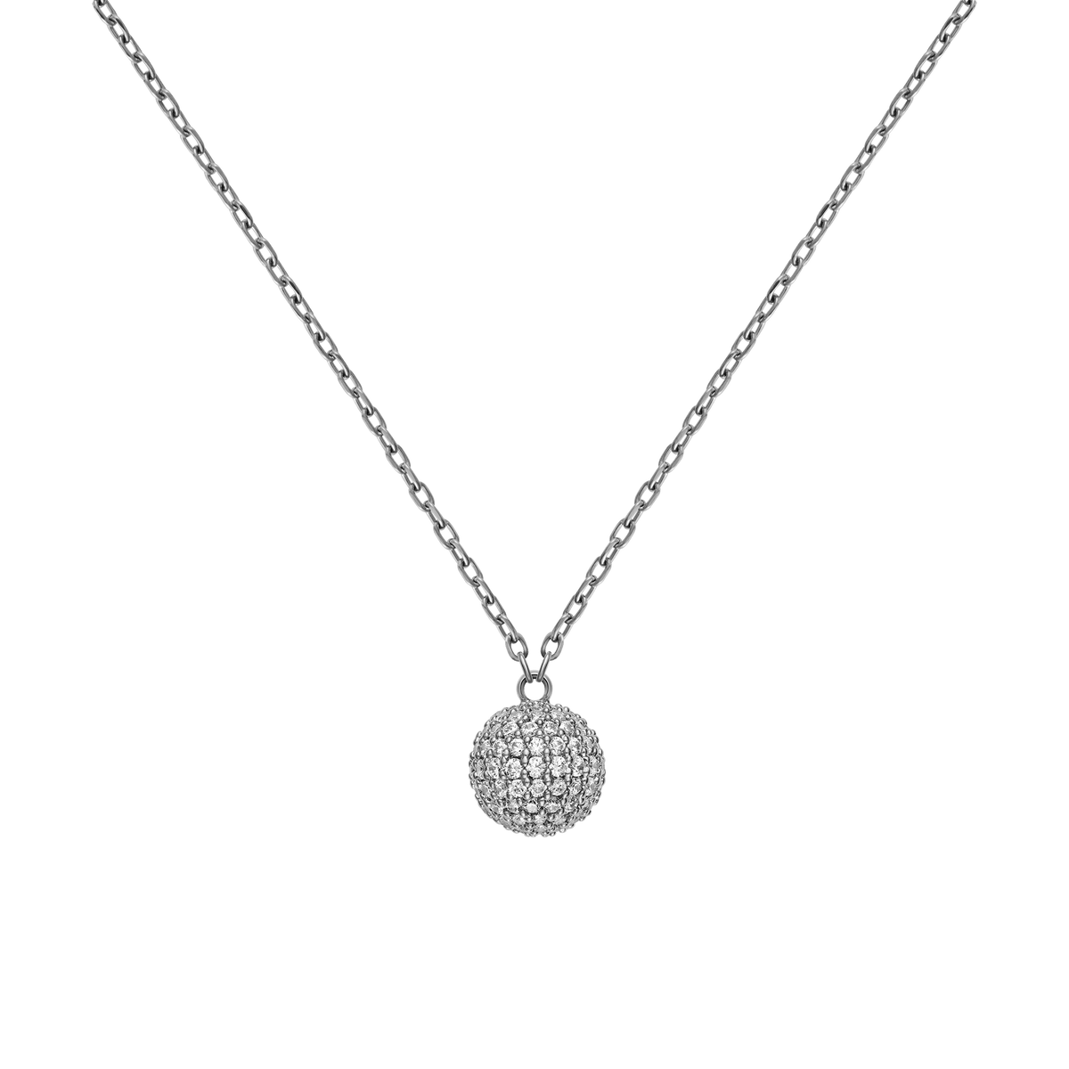 Silver Pavé Crystal Pendant Necklace featuring a spherical pavé pendant set with sparkling cubic zirconia crystals on a classic adjustable chain, shown against a plain background.