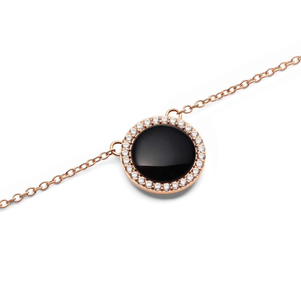 Close-up of the Audrey Necklace Black Agathe Rose Gold pendant, showcasing a domed black agate stone surrounded by a halo of sparkling white cubic zirconia crystals on a delicate rose gold chain.
