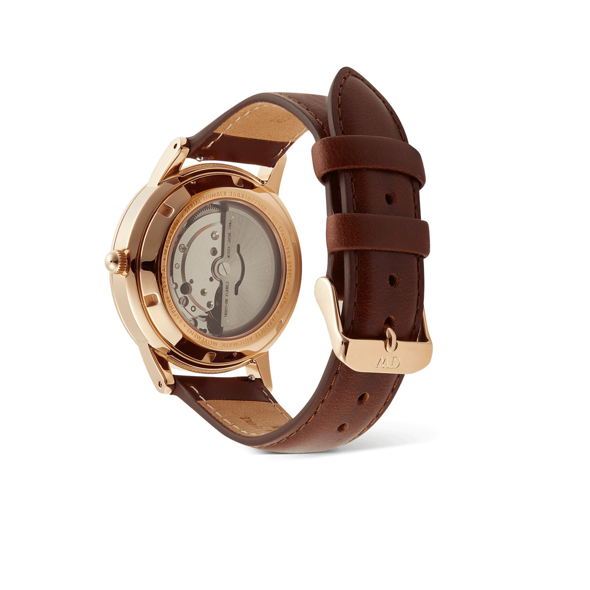 Rear view of the Iconic St Mawes Automatic Rose Gold watch, showing the exhibition case back with visible Japanese automatic movement and brown Italian leather strap with rose gold buckle.