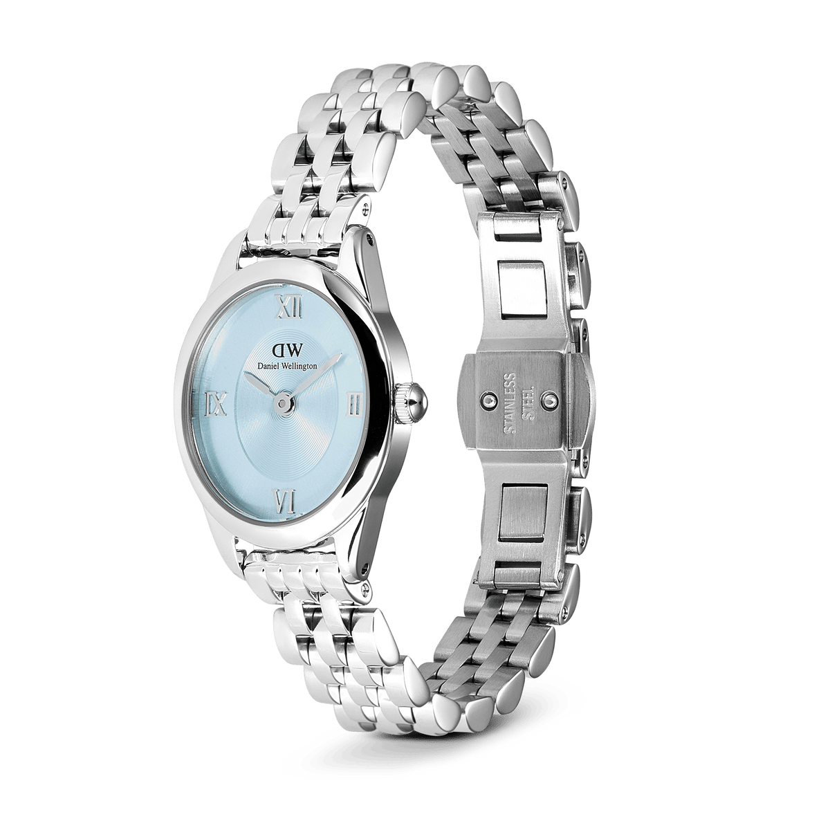 Ophelia Mini Ice Blue Silver watch with a polished stainless steel 5-link bracelet, oval case, and ice blue sunray dial featuring Roman numerals, shown with its butterfly clasp open for easy adjustment.
