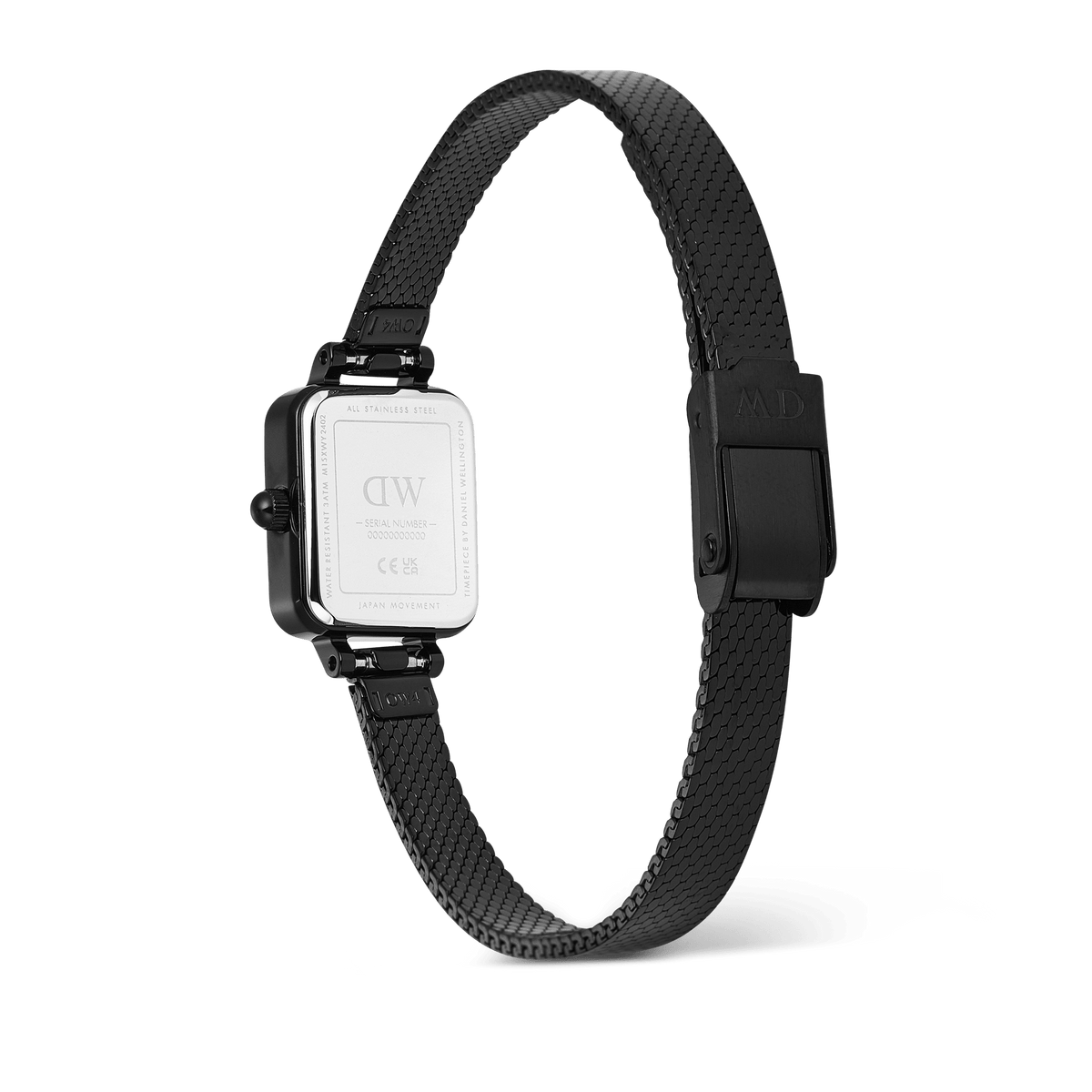 Quadro Mini Reflection Black watch showing the stainless steel case back, slim black mesh strap, and secure clasp buckle, highlighting the durable build and adjustable fit.