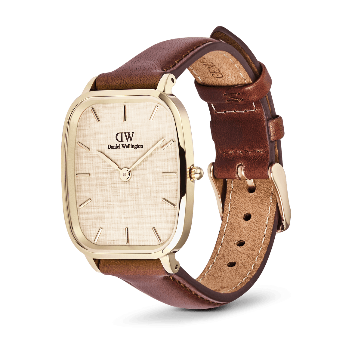 Daniel Wellington Marlon St Mawes Linen Gold men’s watch with a gold cushion-shaped case, linen-textured dial, minimalist hour markers, and an adjustable brown leather strap.