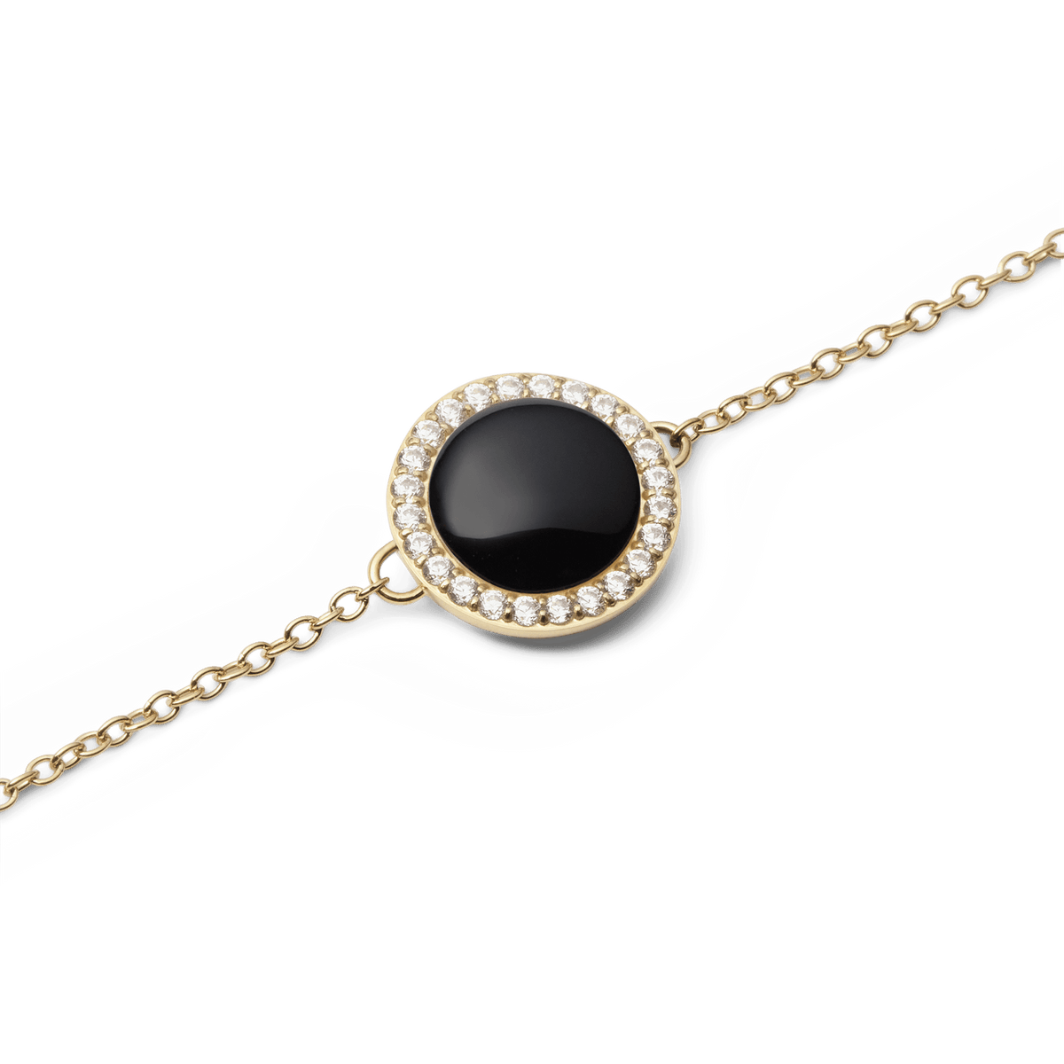 Close-up of the Audrey Bracelet Black Agathe Gold showing a domed black agate stone set in a gold bezel, surrounded by a halo of sparkling white crystals on a fine gold chain.