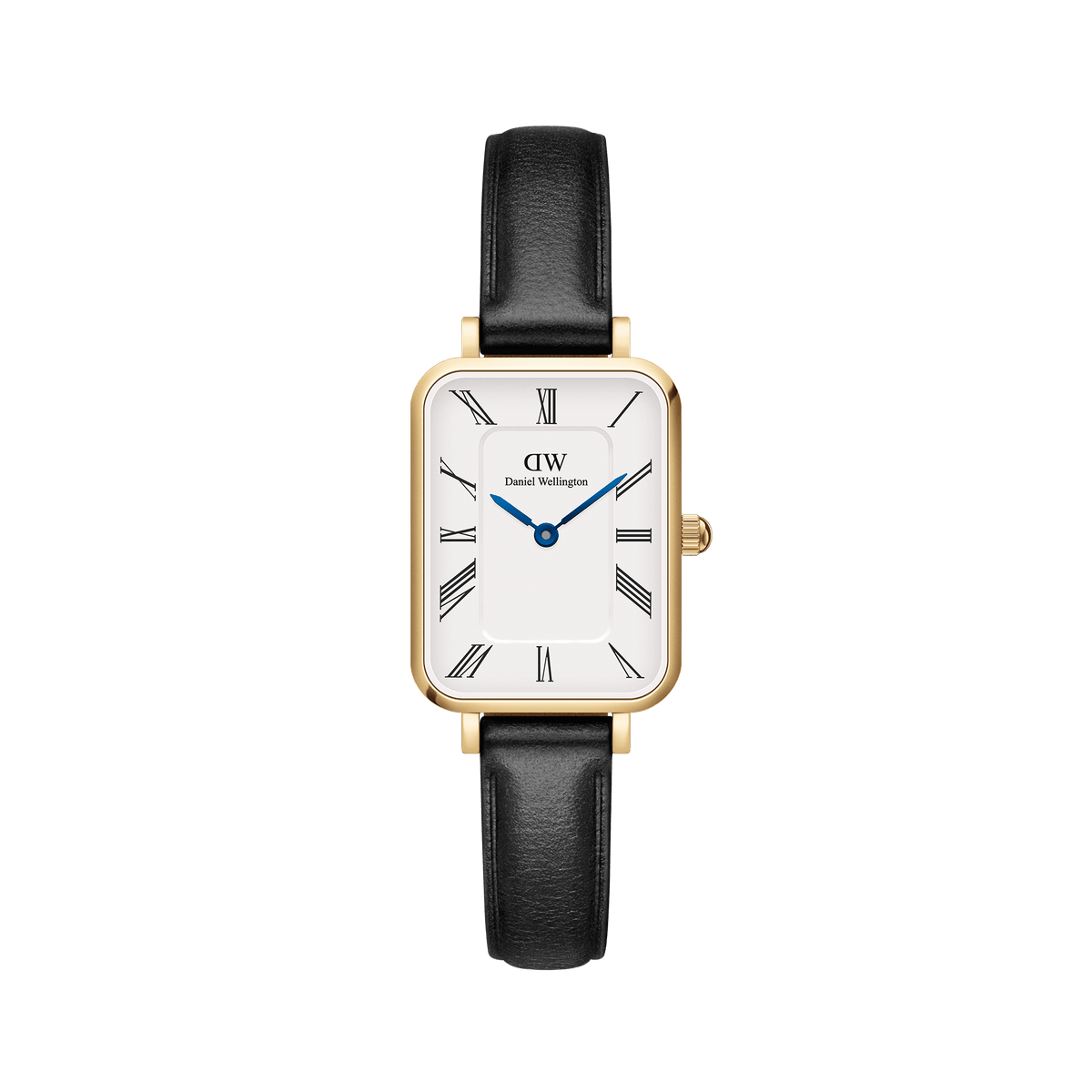 Quadro Roman Numerals Sheffield Gold ladies watch with a rectangular gold case, minimalist white dial featuring Roman numerals, blue steel hands, and a slim black leather strap.