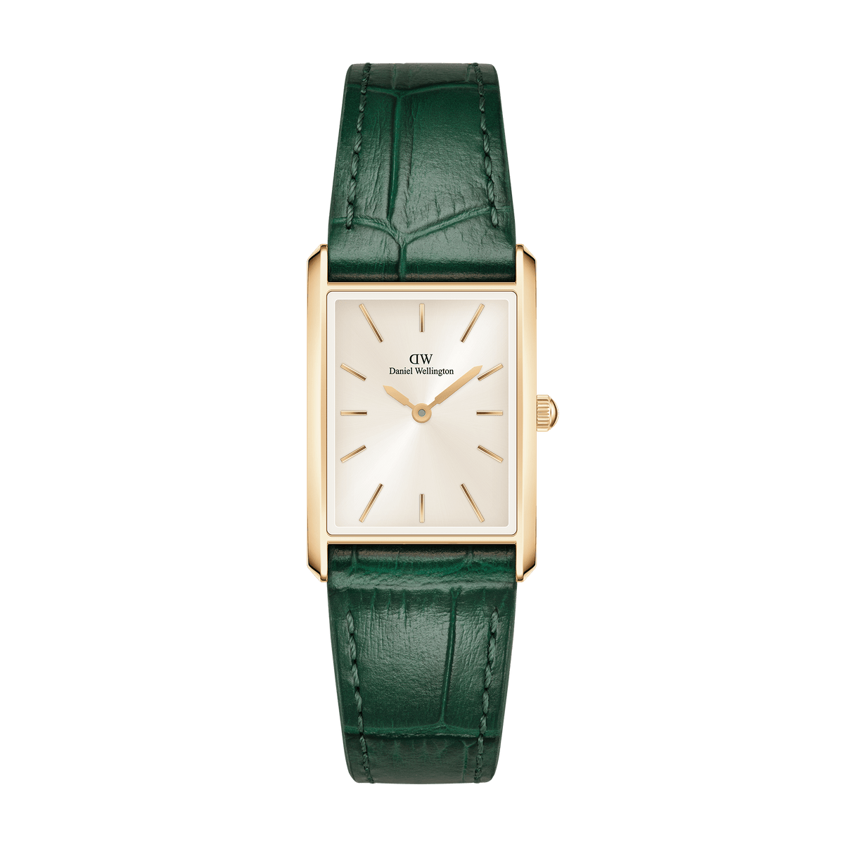 Rectangular gold women’s watch with a champagne sunray dial and a green crocodile-pattern leather strap, featuring minimalist gold hour markers and a slim profile suitable for everyday wear.