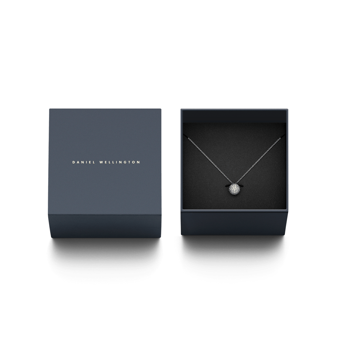 Pavé Crystal Pendant Necklace Silver presented in a sleek Daniel Wellington gift box, highlighting the sparkling pavé ball pendant and elegant silver chain as a stylish gifting option.