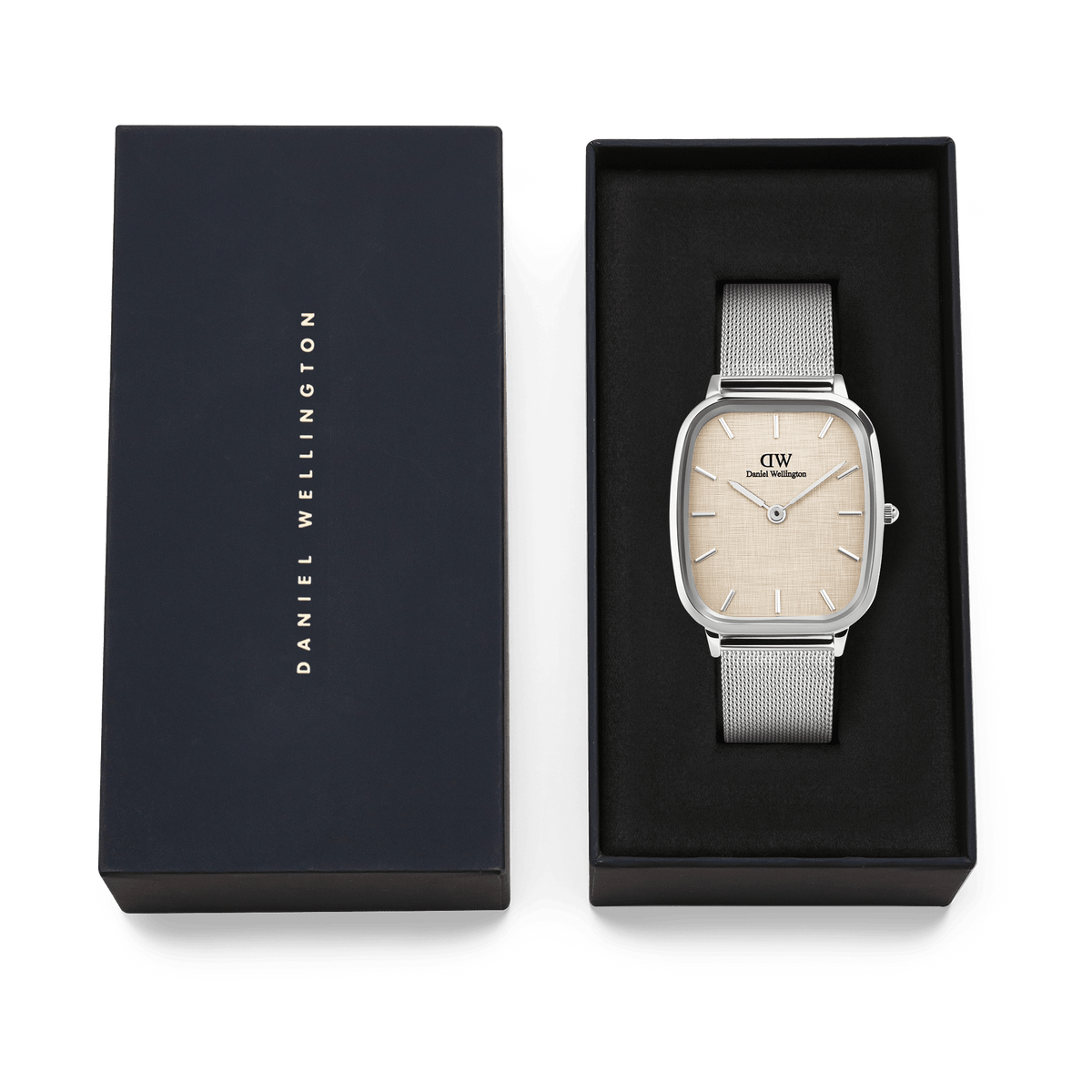 Marlon Sterling Linen men’s watch with a silver mesh strap and yellow linen-textured dial, presented in a black Daniel Wellington gift box.