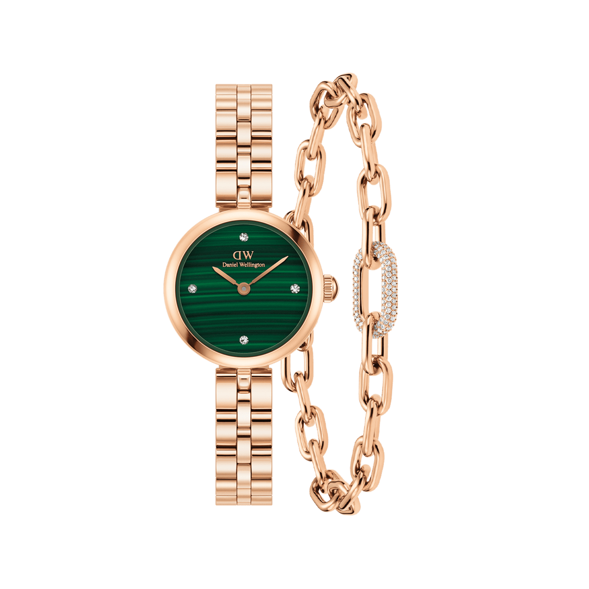 Rose gold Daniel Wellington watch with a malachite green dial and crystal hour markers, paired with a matching rose gold link bracelet featuring a pavé crystal accent and modern chain design.