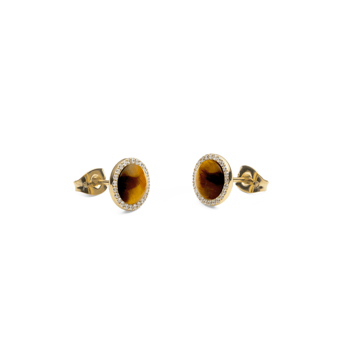 Daniel Wellington Audrey Earrings Tiger Eye Gold shown from a side angle, highlighting the domed tiger eye stones, gold-plated setting, and halo of white cubic zirconia crystals with secure stud backs.