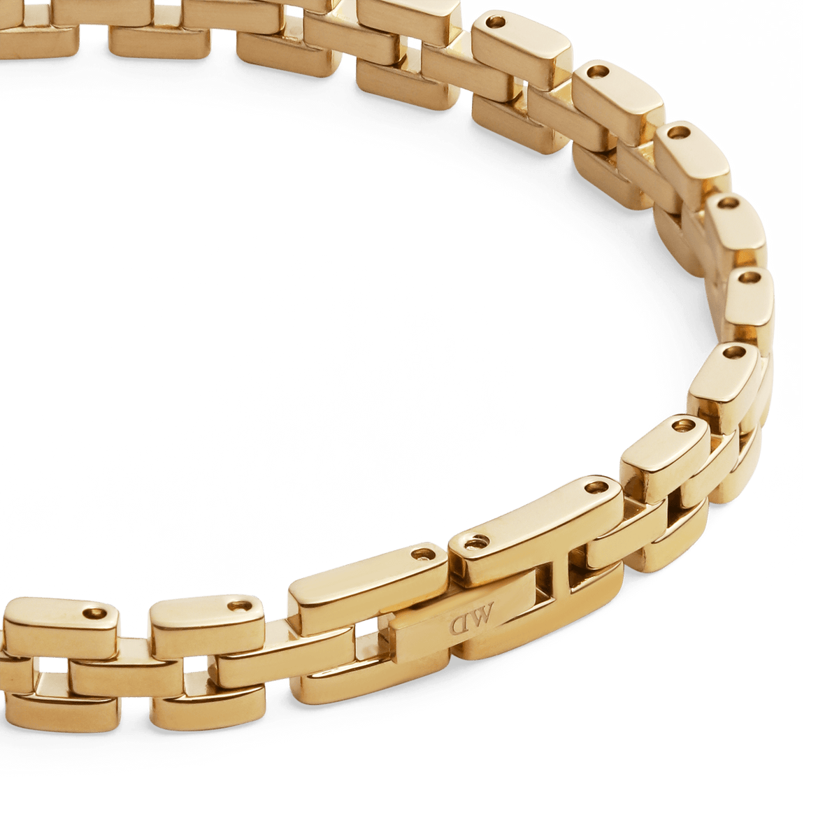 Detailed view of the 3-Link Bracelet Gold, showing the interlocking rectangular gold-plated links and the secure fold-over clasp with a smooth, polished finish.