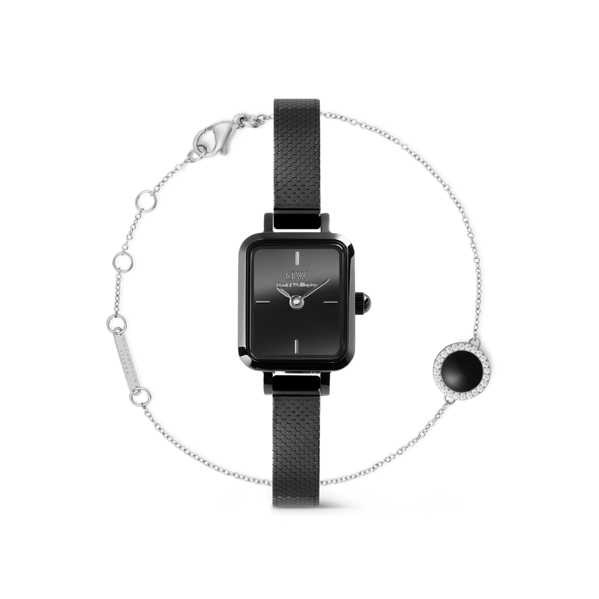 Rectangular black Daniel Wellington Quadro Mini watch with a slim black mesh strap, paired with a delicate silver Audrey Black bracelet featuring a round black stone pendant framed by sparkling details.