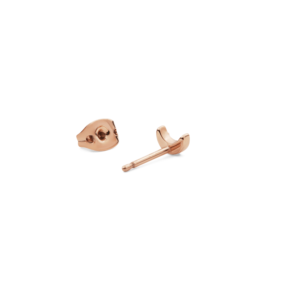 Crystal Moon Stud Rose Gold earring shown from the side with its butterfly backing, highlighting the petite crescent shape and polished rose gold finish.